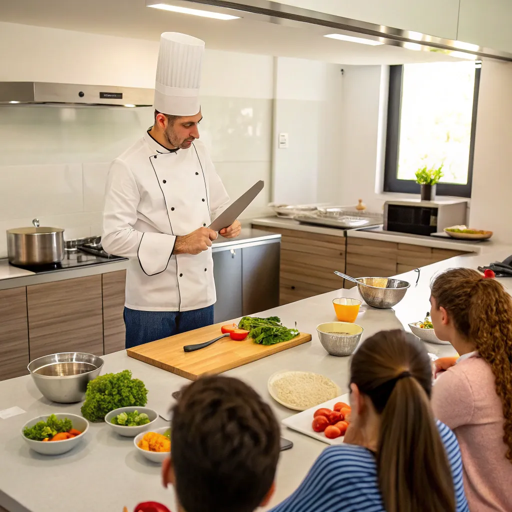 A chef demonstrating cooking to a class
